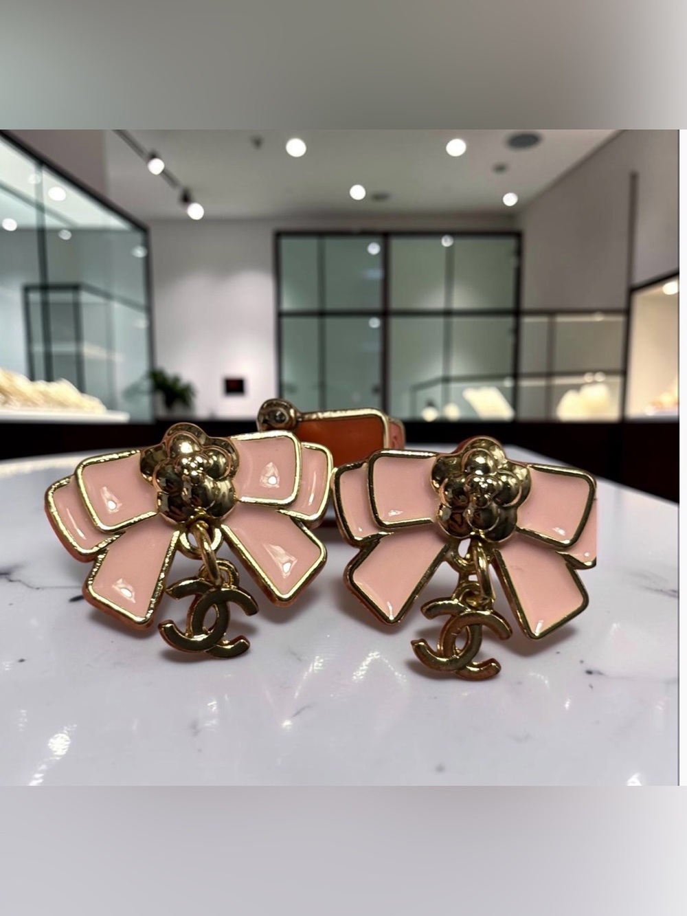 Pink Enamel Bow Camellia Drop Earrings